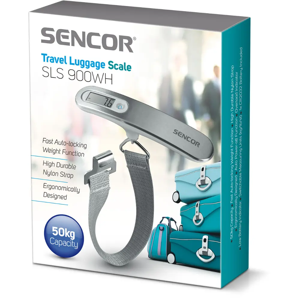 Sencor cyfrowa waga bagażowa do 50 kg SLS 900WH, zawartość opakowania
