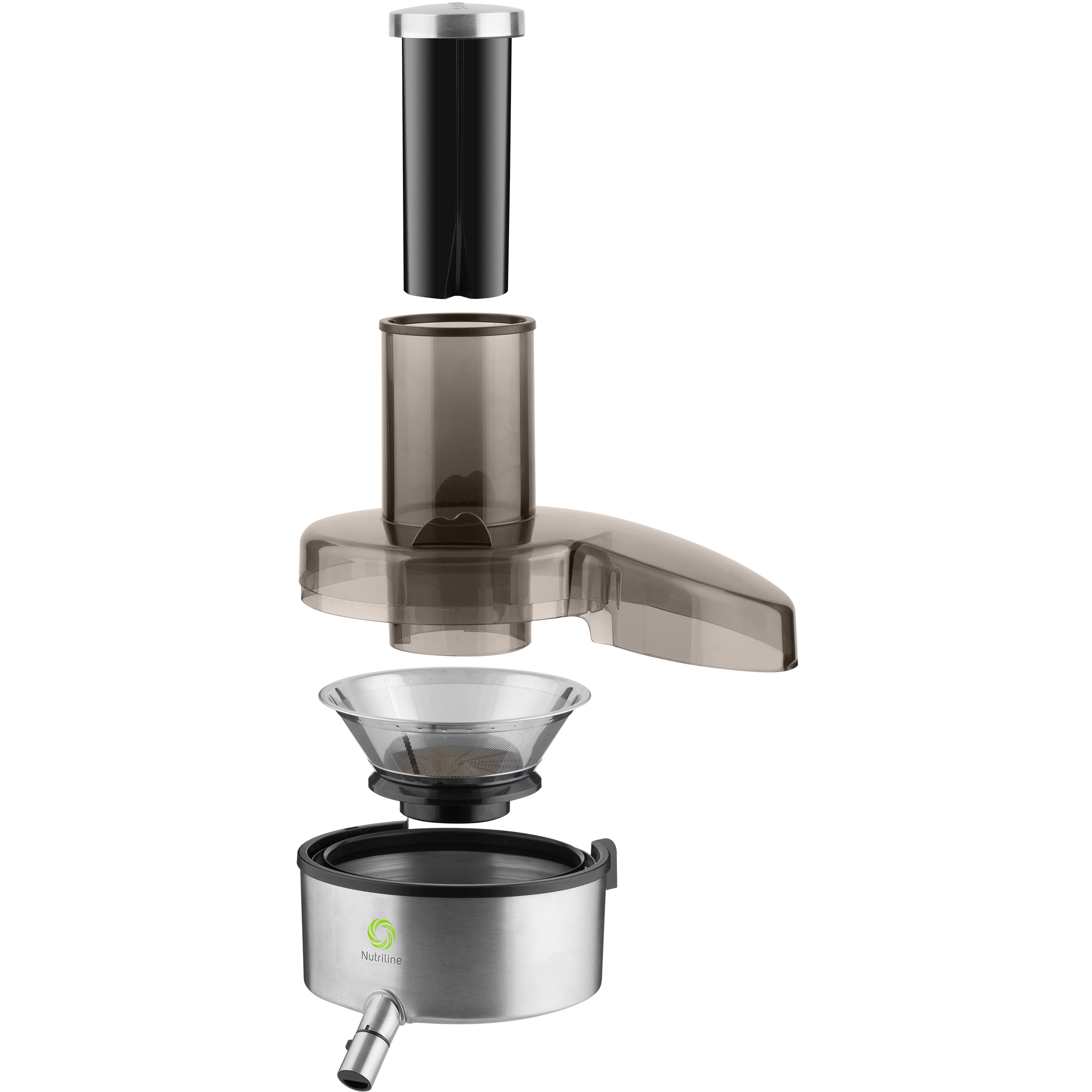 Sencor SJE 5050SS gyümölcscentrifuga\
gyümölcshúsgyűjtő edény\
légyűjtő edény habelválasztóval\
nyomórúd\
fedél betöltőnyílással\
rozsdamentes acél szita\
légyűjtő\
kifolyócső dripstop technológiával