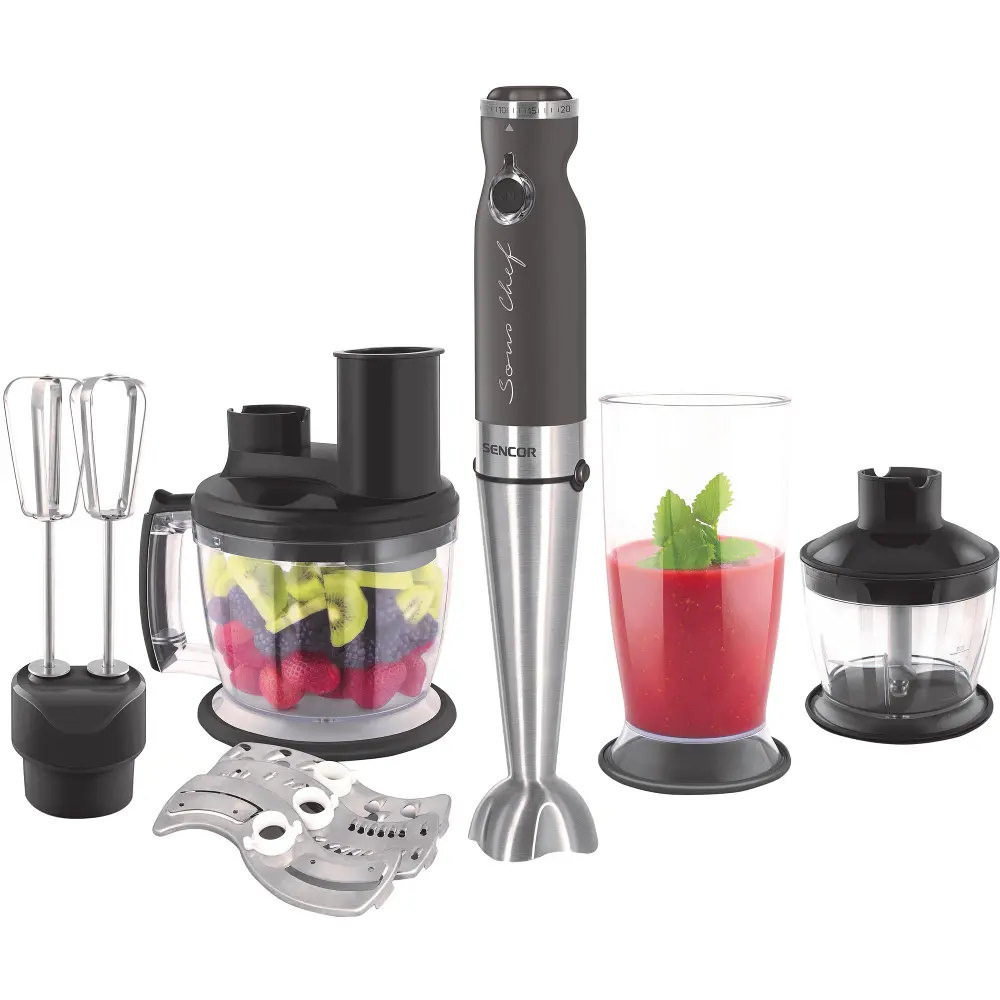 Sencor blender ręczny z 9 akcesoriami i mocą 1200 w 5501CH-EUE3, zawartość opakowania