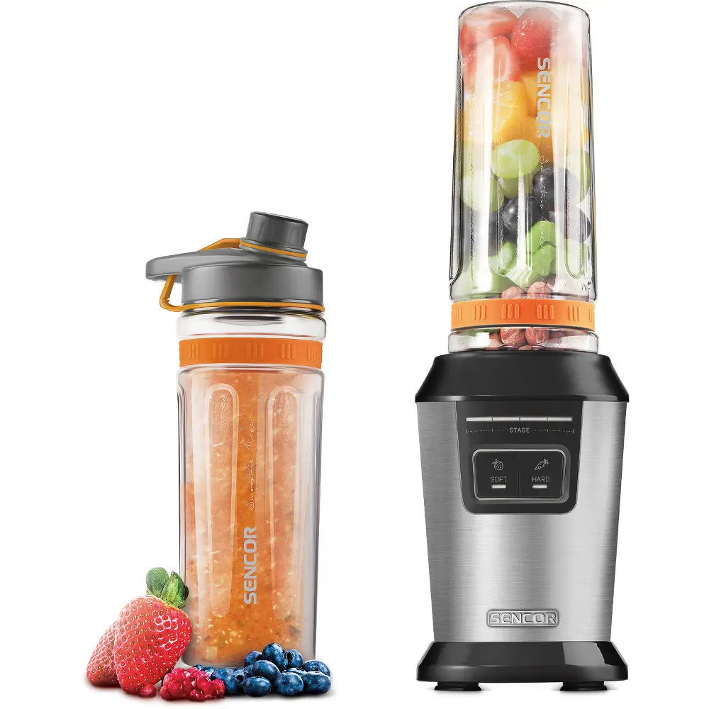 Sencor SBL 7550SS the sencor sbl 7550ss smoothie blender comes with two 0.6-liter bpa-free tritan sports bottles. they also fit into car cup holders. blend vegetables or fruit into a smoothie, pour it into a bottle, and head off to your workout or work without a worry.