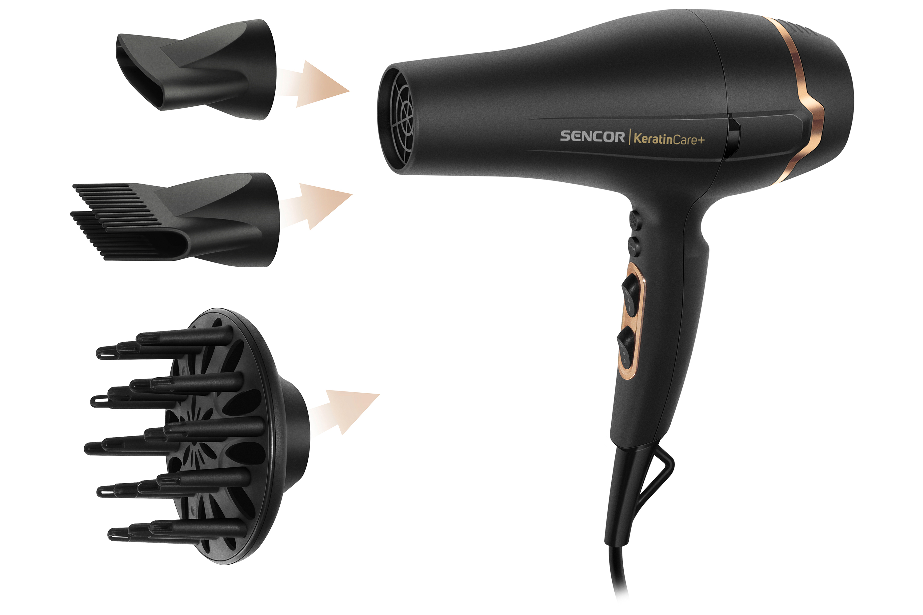 Sencor SHD 8275BK hair dryer with ionization and a diffuser, package contents