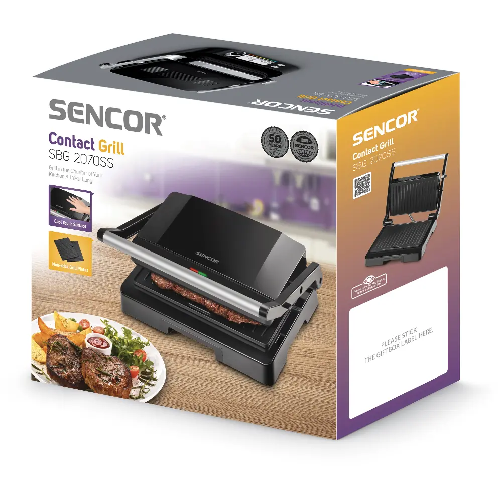 Sencor kontaktní elektrický stolní gril s cooltouch SBG 2070SS, obsah balení