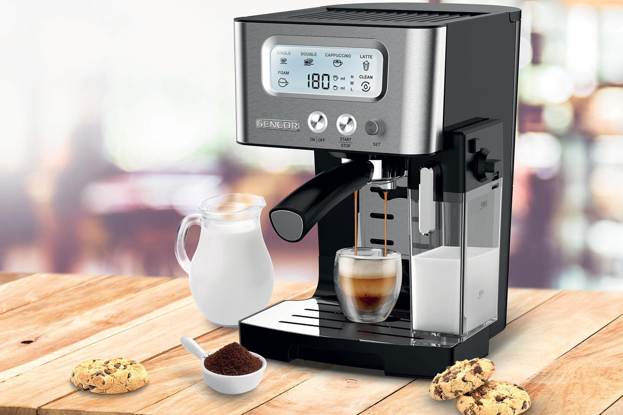 Sencor SES 4090SS espresso machine with automatic milk frothing, package contents