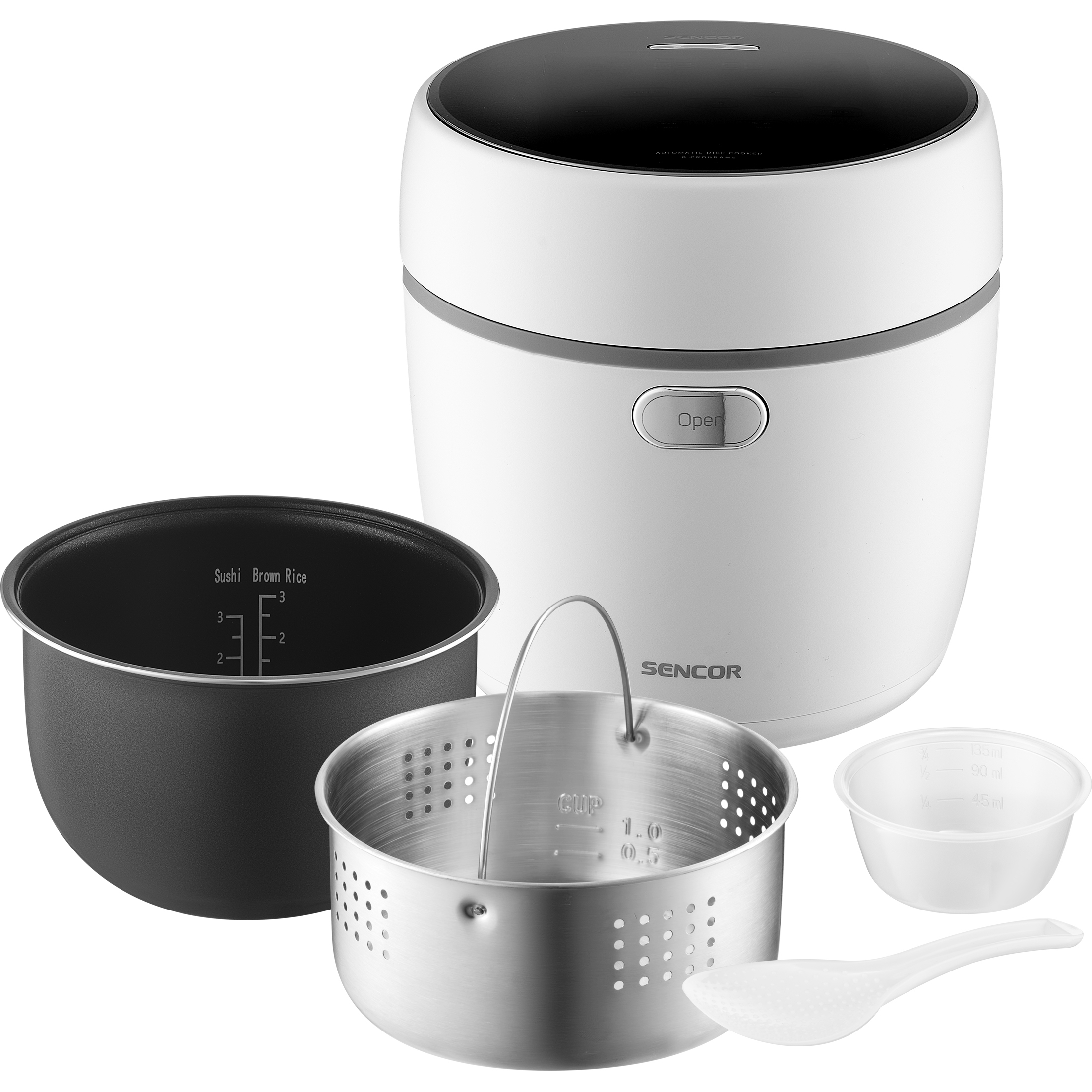 Sencor SRM 0670WH low-carb rice cooker with steaming basket, package contents