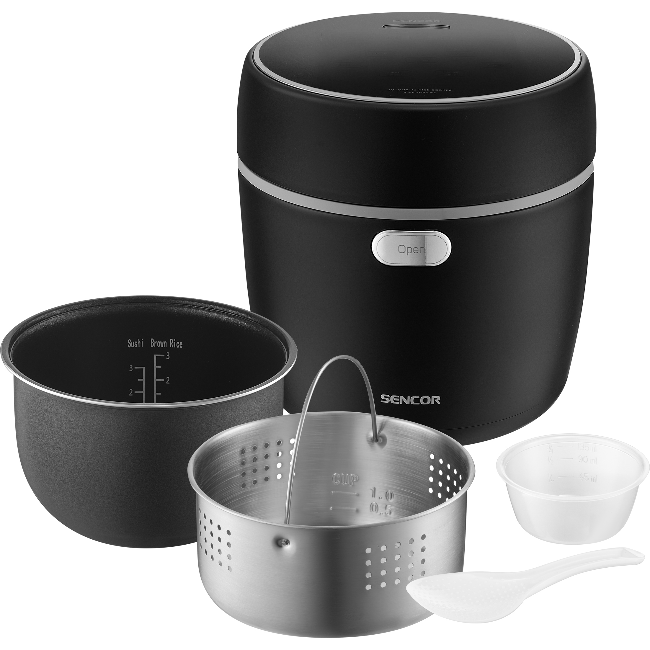 Sencor SRM 0671BK low carb rizsfőző párolókosárral, a csomag tartalma