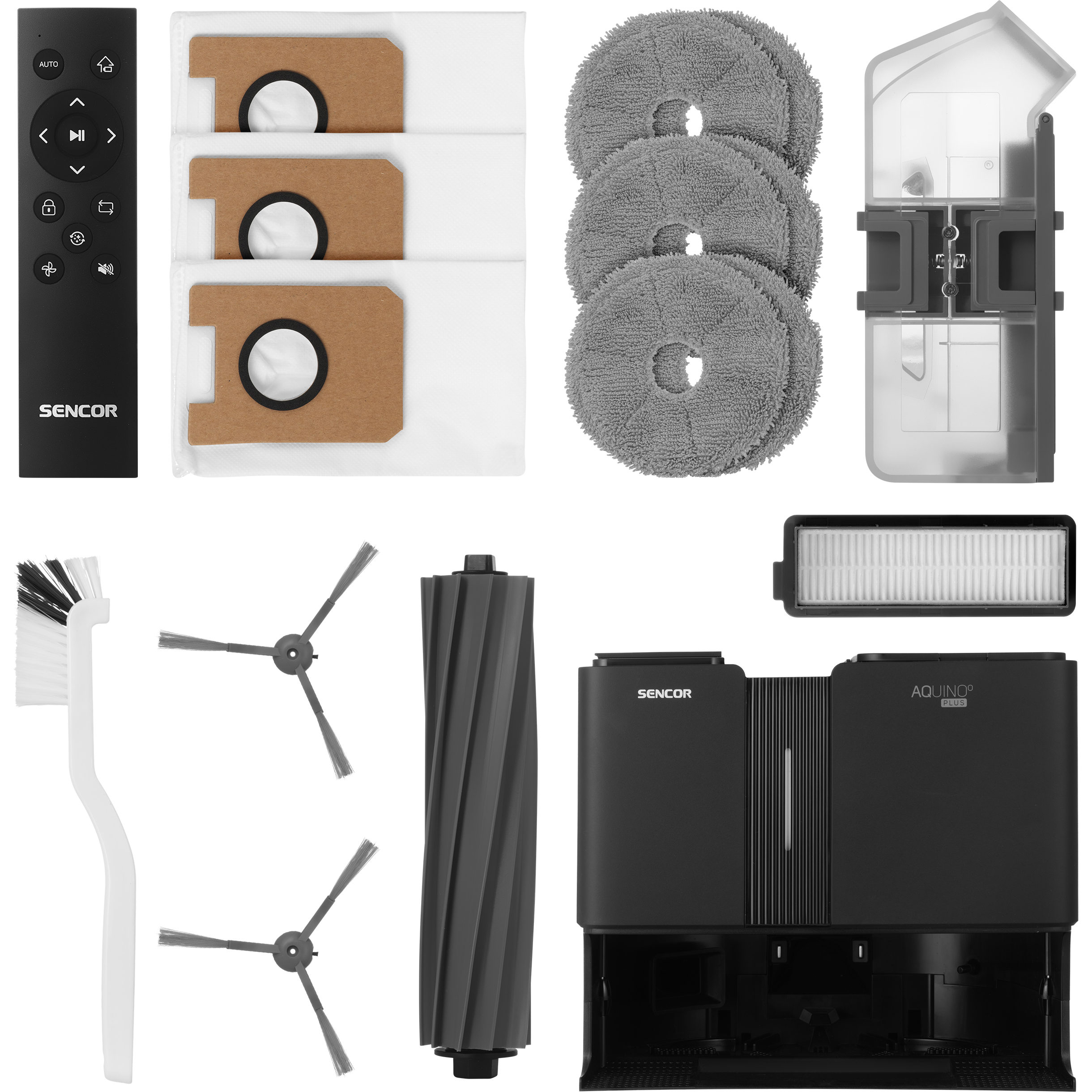 Sencor SRV 9790BK-EUE3 Aquino+ robot vacuum cleaner with mop and multifunctional docking station, package contents