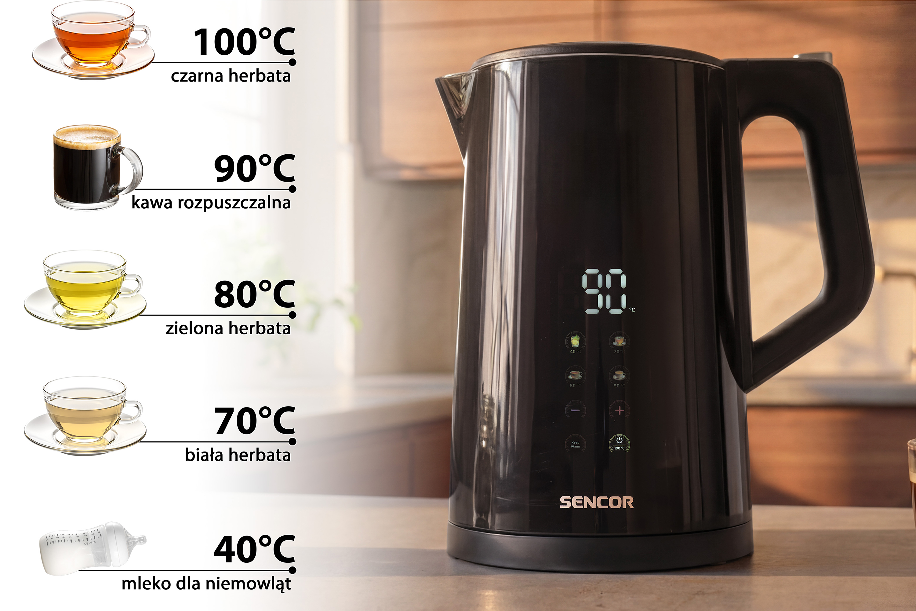 Sencor dwupłaszczowy czajnik elektryczny z regulacją temperatury SWK 0940BK