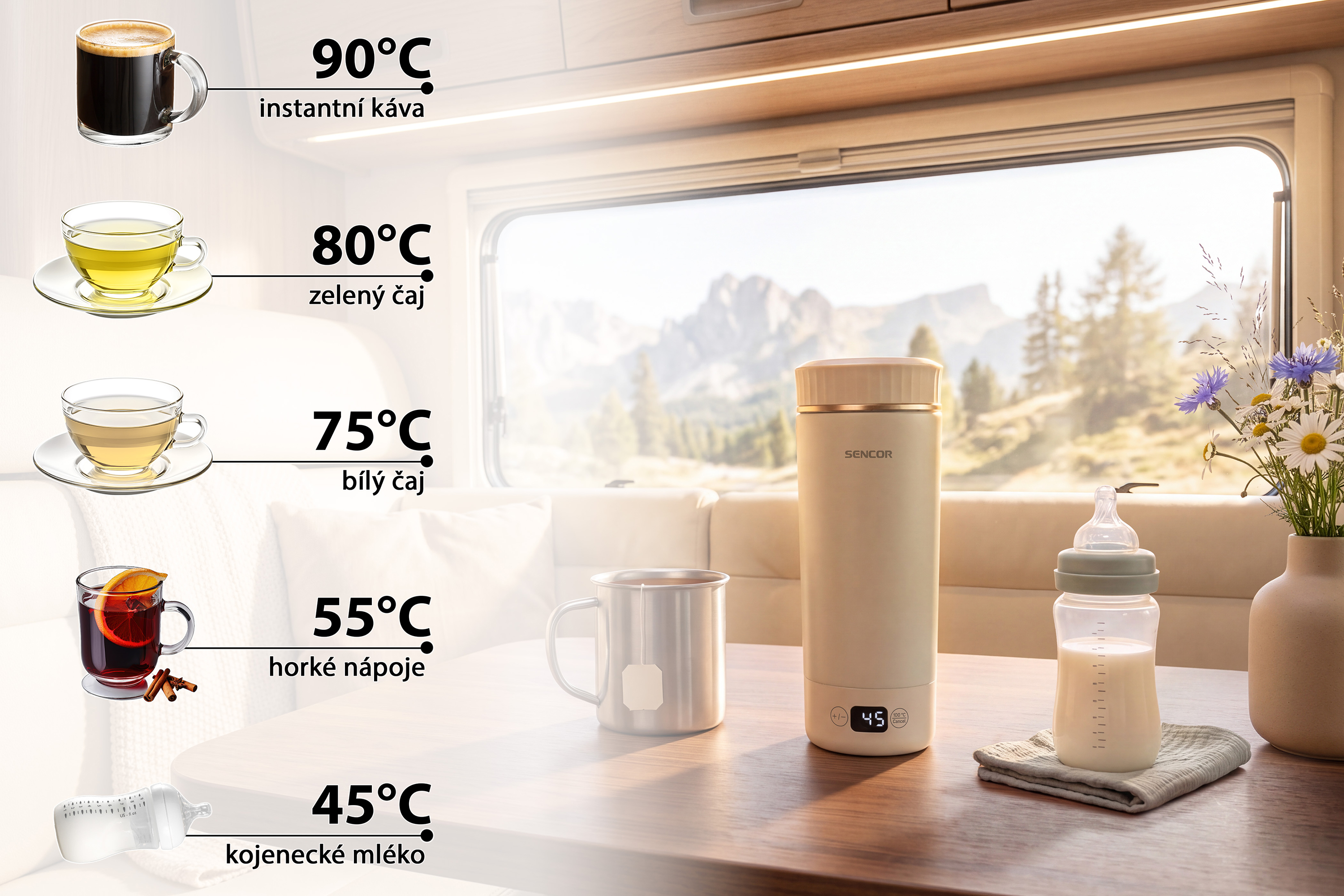 Sencor chytrá cestovní konvice s dvojitou stěnou SWK 0200WH