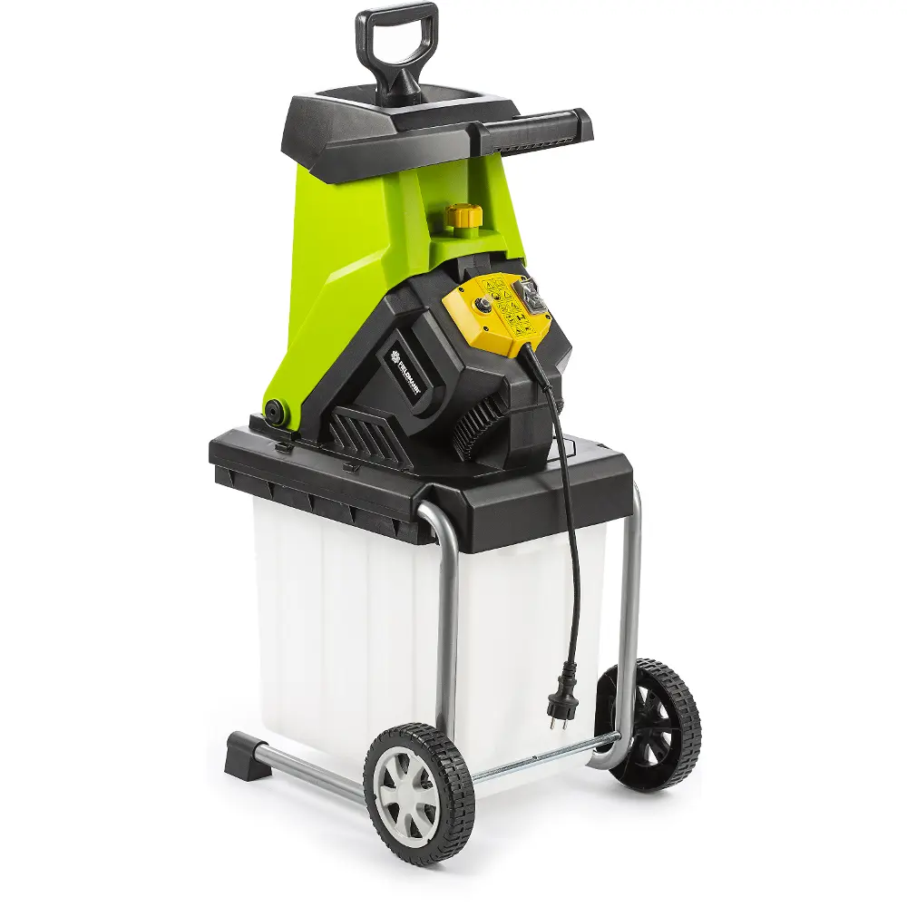 Electric branch shredder Fieldmann FZD 4020-E with wheels for easy relocation around the garden.