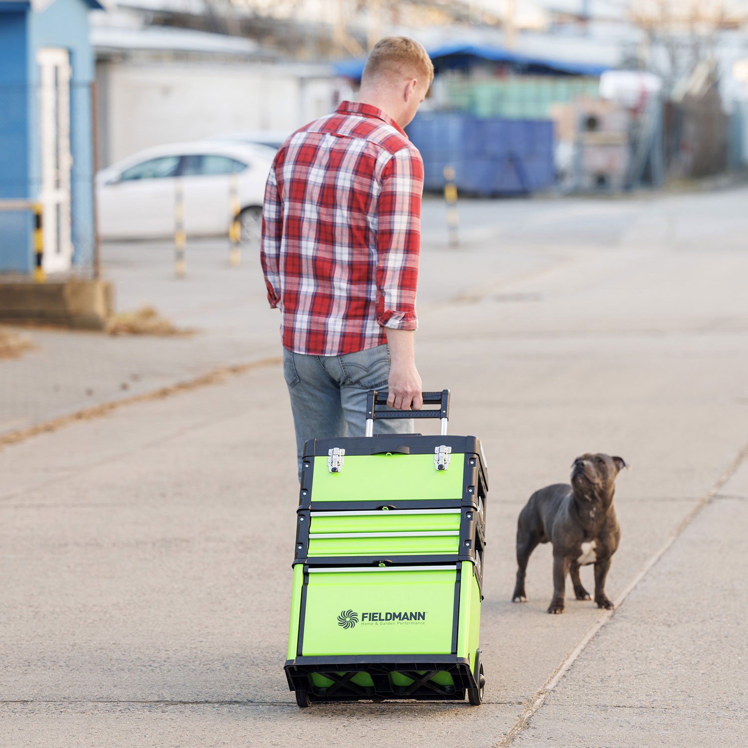 Metal tool box Fieldmann FDN 4150 with telescopic handle and wheels for easy carrying even in the field.