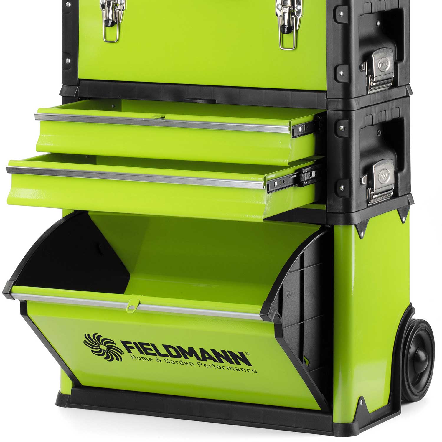 A Fieldmann FDN 4150 doboz alsó része, zsanéros fedéllel, nagyobb elektromos szerszámok számára biztosít helyet.
