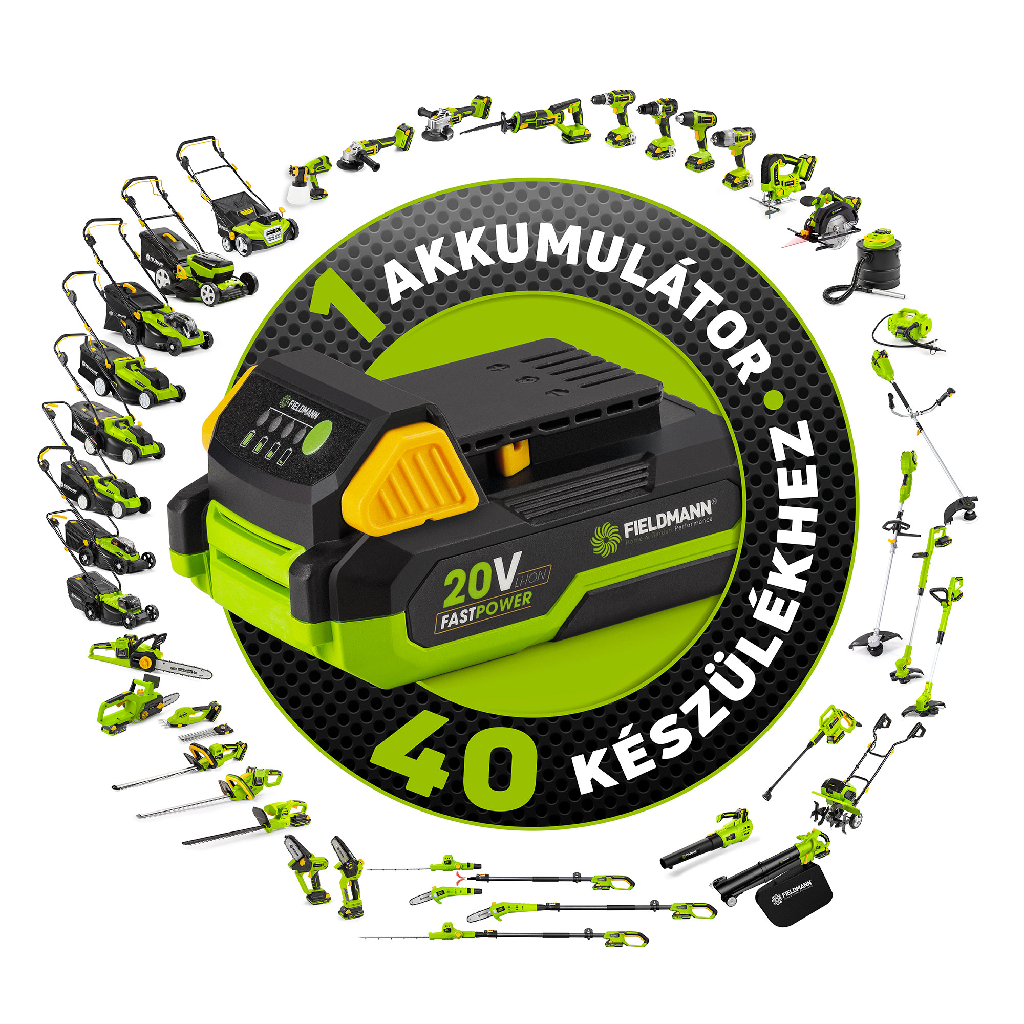 A Fieldmann FZR 70435-0 akkus fnyíró kompatibilis a FAST POWER 20V rendszer akkumulátoraival és töltőivel.