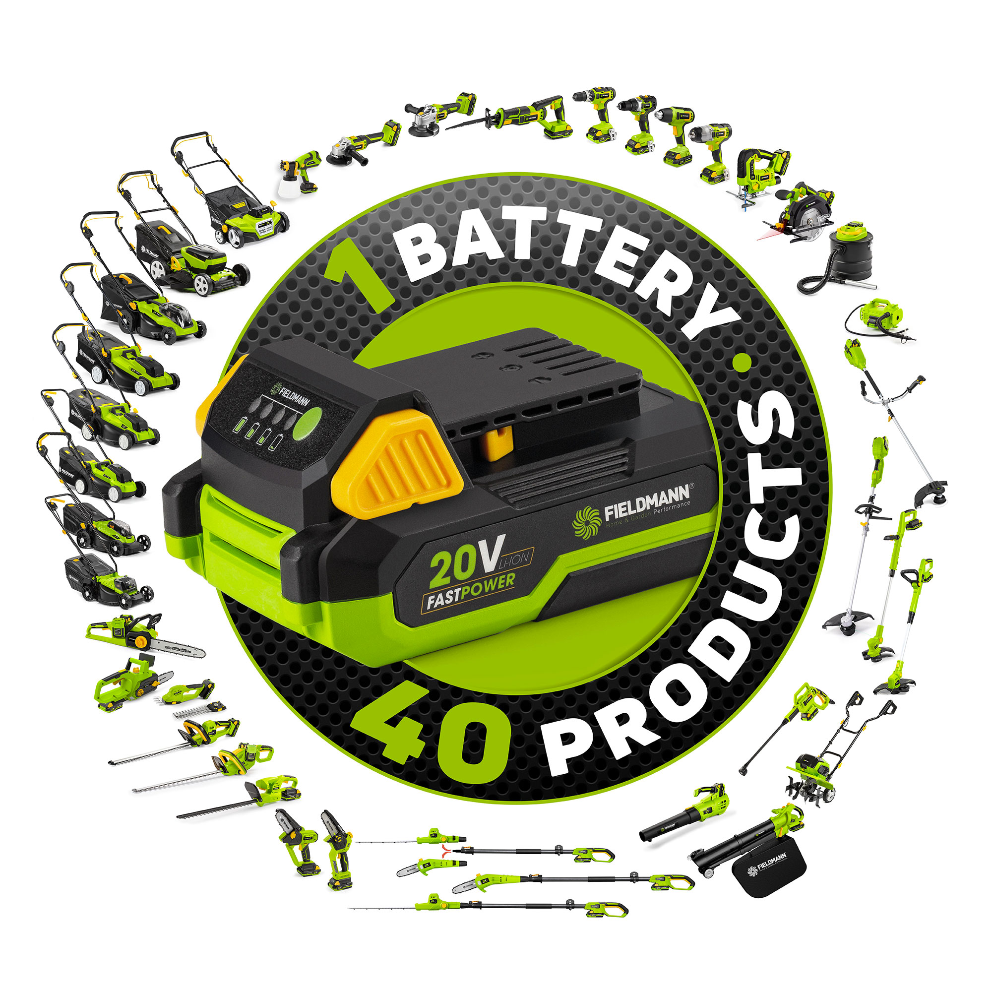 The Fieldmann FDUV 70215-0 v cordless drill is part of the FAST POWER 20V program with compatible batteries and chargers.