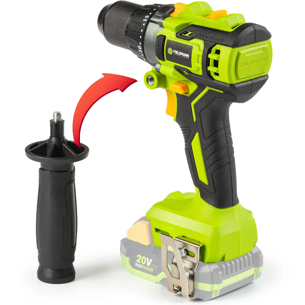 Cordless drill Fieldmann FDUV 70215-0 with ergonomic handle and additional handle for comfortable operation.