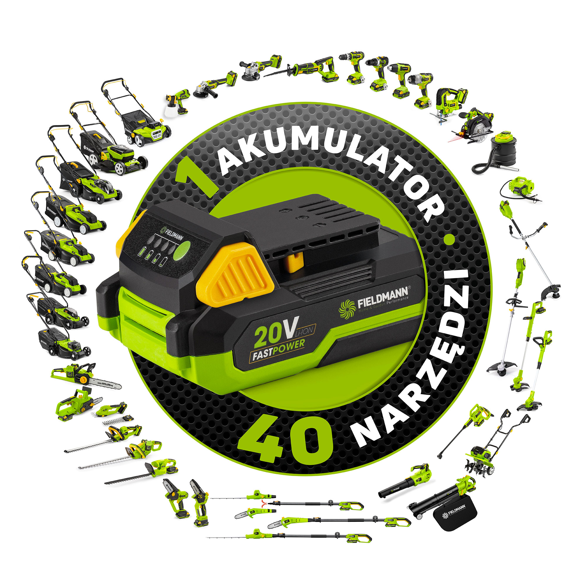 Akumulatorowa kosiarka samojezdna Fieldmann FZR 70465-0 jest kompatybilna z akumulatorami FAST POWER 20V i szybkimi ładowarkami.