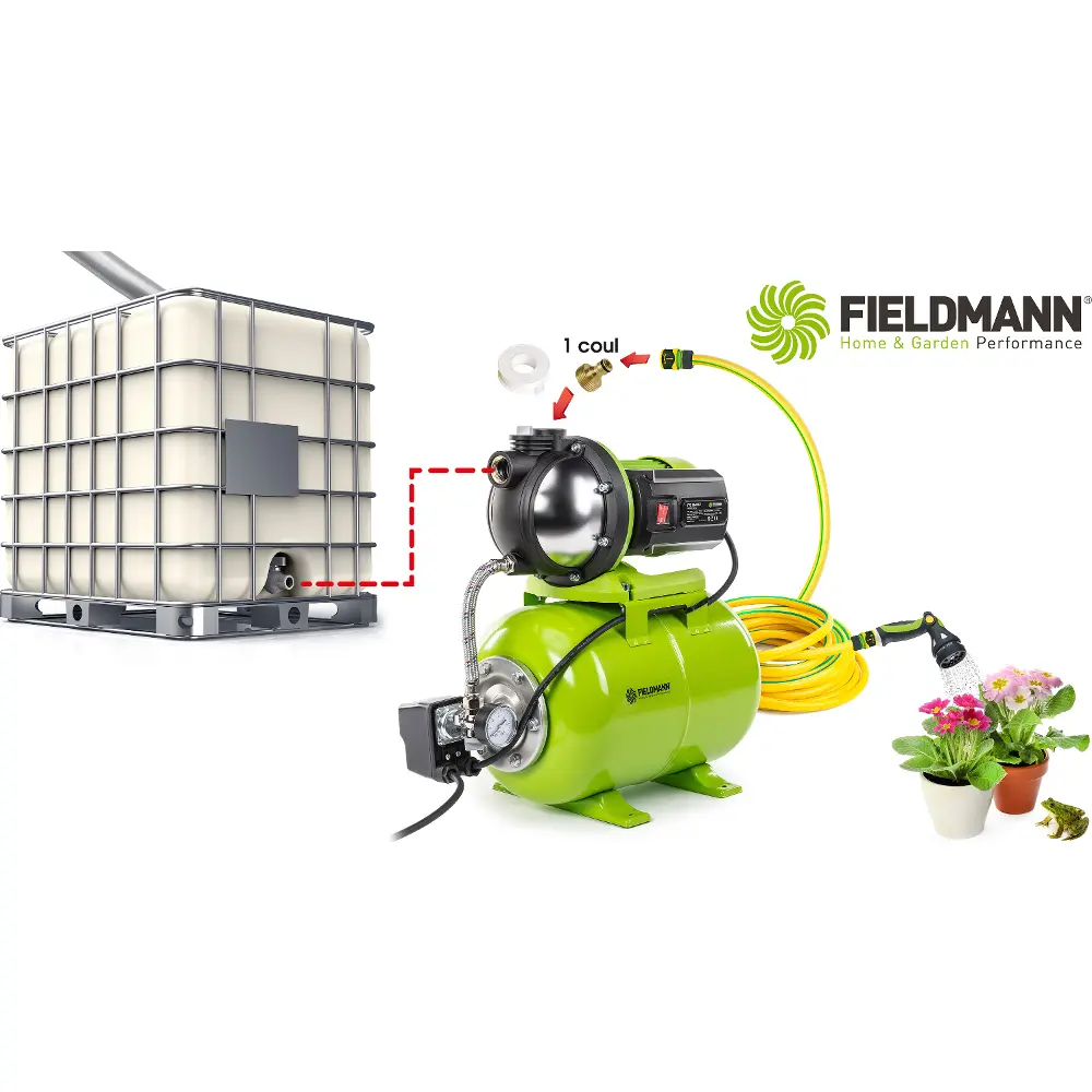 Elektrická zahradní vodárna Fieldmann FVC 8560-EC s výtlakem 48 m pro zásobování vody na větší vzdálenosti.
