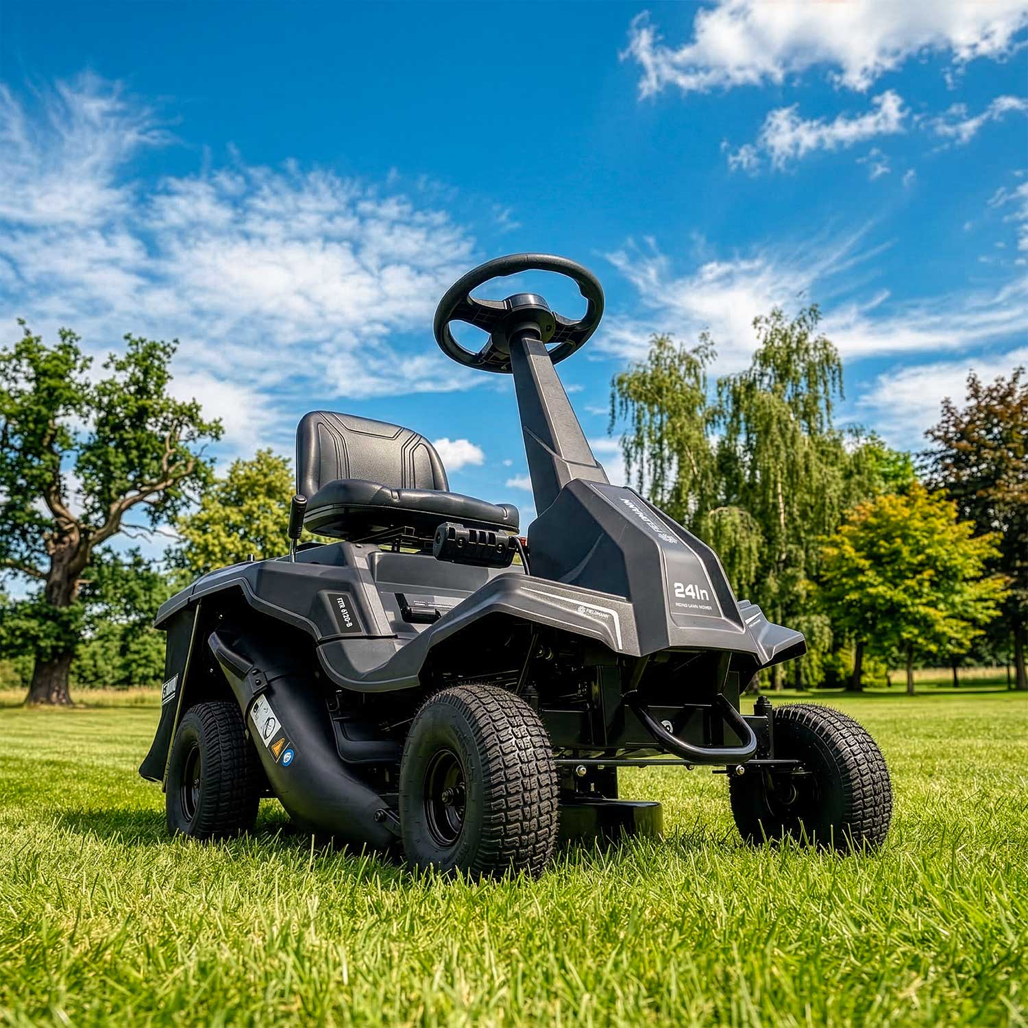 Technické parametre záhradného ridera FZTR 6120-B zahŕňajú obsah košíka, šírku kosenia a systém 3 v 1.