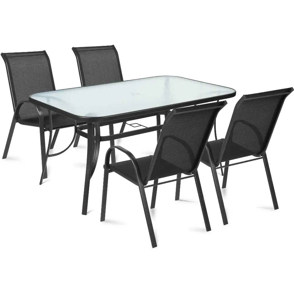 The technical parameters of the Fieldmann ELLA garden furniture set include a glass table, four armchairs and the possibility of an umbrella.
