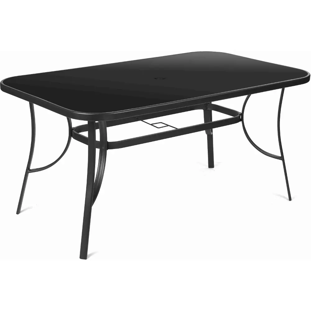Stůl sestavy zahradního nábytku Fieldmann RUBY DARK má černou desku z tvrzeného skla.