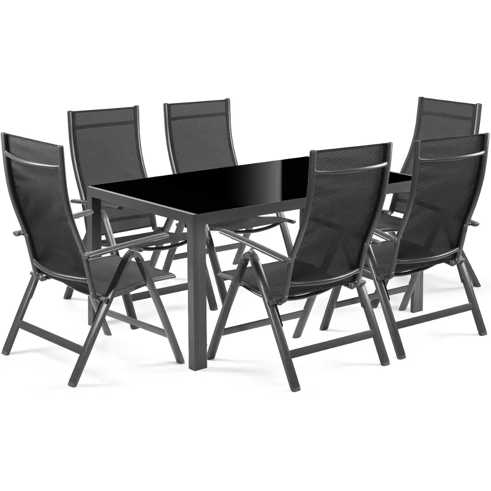 Technické parametry sestavy zahradního nábytku Fieldmann EMMA 6 obsahují křesla, skleněnou desku stolu a rozměry sestavy.