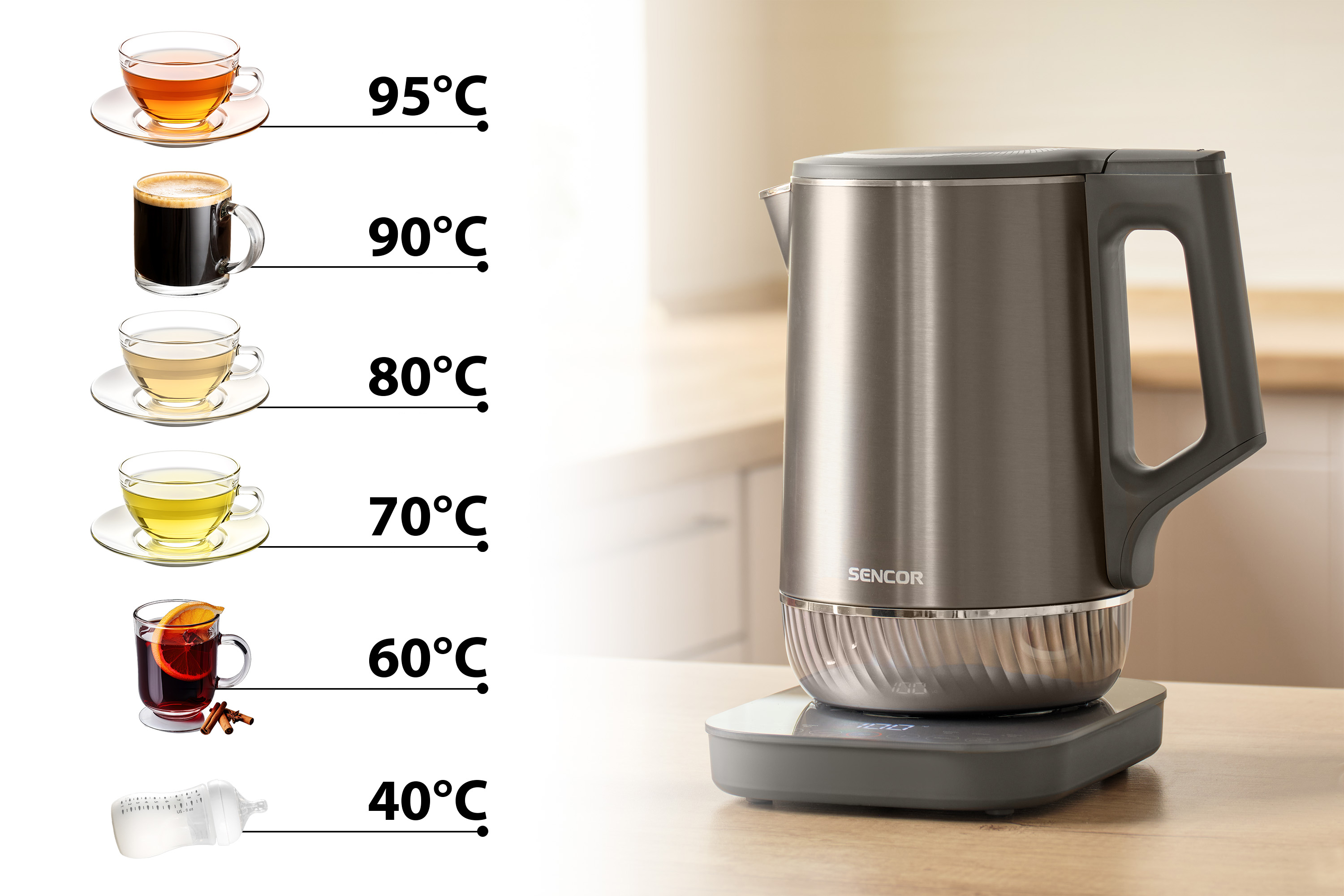 Sencor dvoustěnná u-shape rychlovarná konvice s nastavitelnou teplotou SWK 0850GY