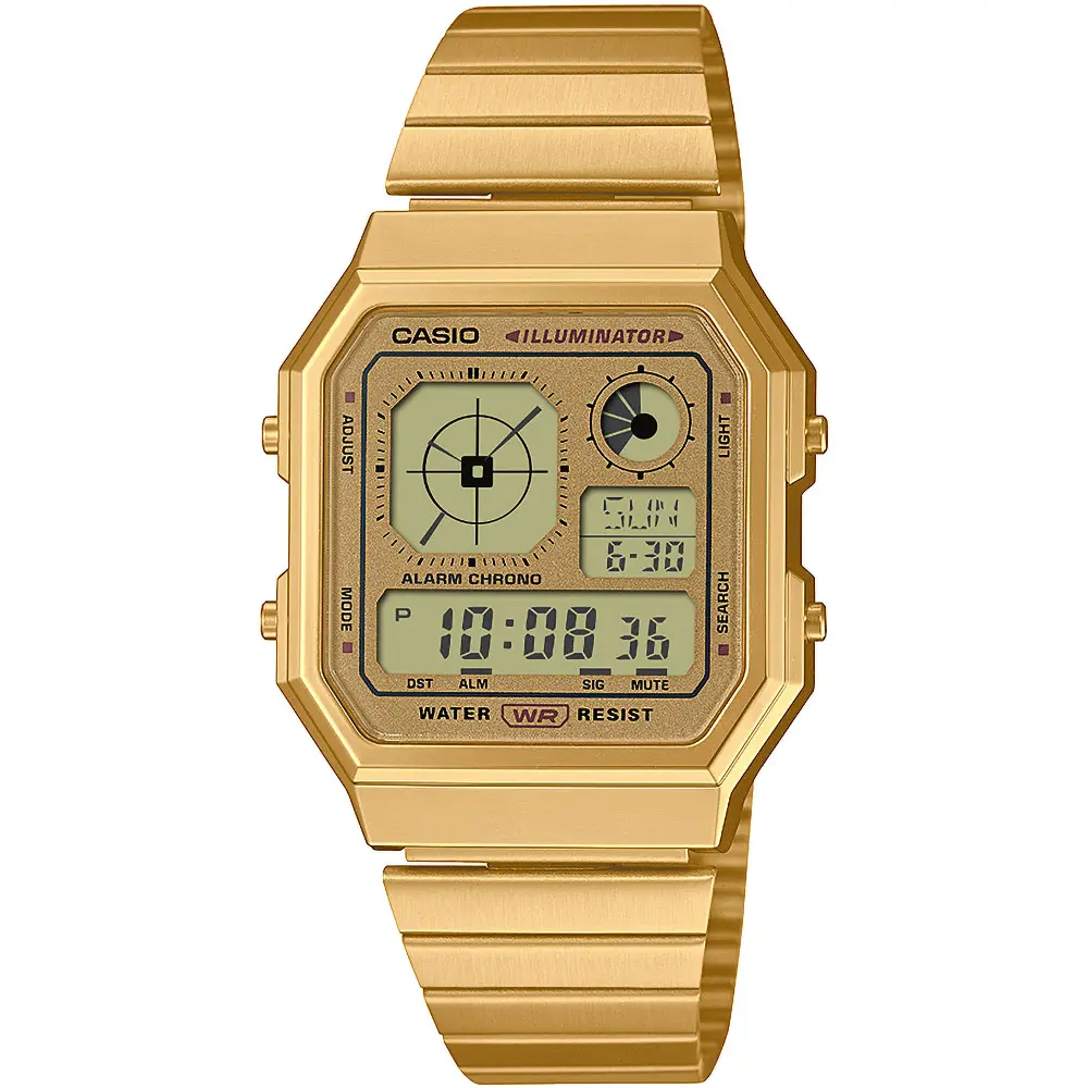 Casio zlat hodinky s hranatm displejom.