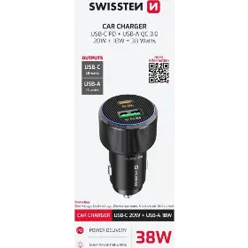 Nabíječka do auta - Swissten Adaptér USB-C PD + USB-A 38W - 2