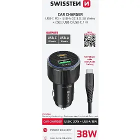 Nabíječka do auta - Swissten Adaptér USB-C PD + USB-A 38W + Kabel USB-C 1m - 2
