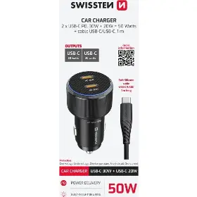Nabíječka do auta - Swissten Adaptér 2x USB-C PD 50W + Kabel USB-C 1m - 2