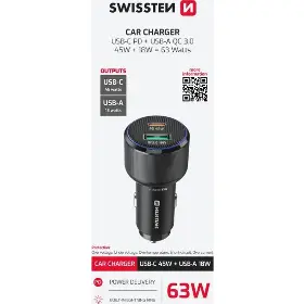 Nabíječka do auta - Swissten Adaptér USB-C PD + USB-A 63W - 2