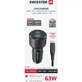 Nabíječka do auta - Swissten Adaptér USB-C PD + USB-A 63W + Kabel USB-C 1m - 2