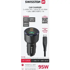 Nabíječka do auta - Swissten Adaptér 2x USB-C PD + USB-A 95W + Kabel USB-C 1m - 2
