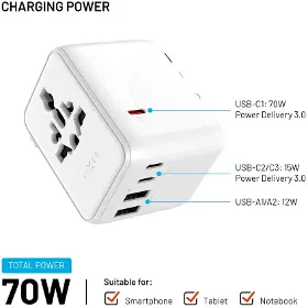 Cestovní adaptér - Fixed Voyager 70W - 3xUSB-C a 2xUSB-A - 3