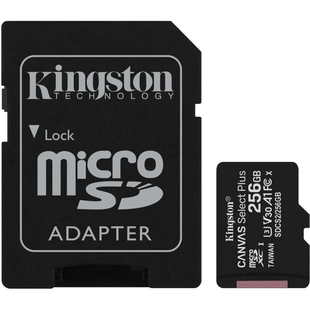 Pamäťová karta Micro SDXC značky Kingston s kapacitou 256 GB a adaptérom v balení.