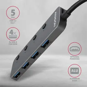 USB rozbočovač - Axagon HUE-MSA, 4x USB 3.rozbočovač 2 Gen 1 SWITCH, kovový, napájanie micro USB. konektor, kábel USB-A 20 cm - 2