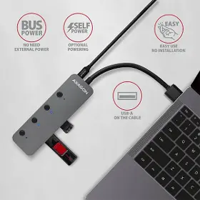 USB rozbočovač - Axagon HUE-MSA, 4x USB 3.rozbočovač 2 Gen 1 SWITCH, kovový, napájanie micro USB. konektor, kábel USB-A 20 cm - 4