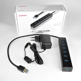 USB rozbočovač - Axagon HUE-SA7BP, 4x USB 3.0 ALU CHARGING hub, AC adaptér, kábel USB-A 40cm - 6