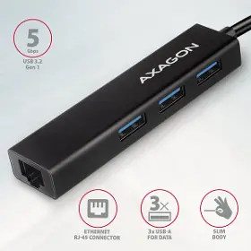 USB rozbočovač - Axagon HMC-GL3A, USB 3.rozbočovač 2. generácie, 3x USB-A + gigabitový ethernetový port, kov, 20 cm kábel USB-C - 2