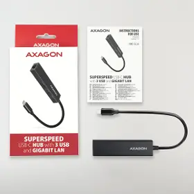 USB rozbočovač - Axagon HMC-GL3A, USB 3.rozbočovač 2. generácie, 3x USB-A + gigabitový ethernetový port, kov, 20 cm kábel USB-C - 4