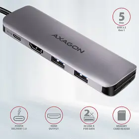 USB rozbočovač - Axagon HMC-5, USB 3.rozbočovač 2. generácie, 2x porty USB-A, HDMI, slot SD/microSD, 100W PD, 20cm kábel USB-C - 2