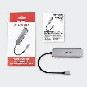 USB rozbočovač - Axagon HMC-5, USB 3.rozbočovač 2. generácie, 2x porty USB-A, HDMI, slot SD/microSD, 100W PD, 20cm kábel USB-C - 5