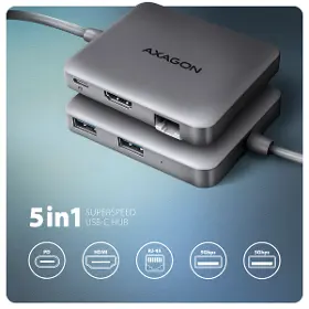USB rozbočovač - Axagon HMC-5HL USB 5Gbps hub, 2x USB-A, HDMI 4k/60Hz, RJ-45 GLAN, PD 100W, kábel USB-C 20cm - 2