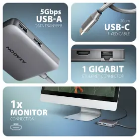 USB rozbočovač - Axagon HMC-5HL USB 5Gbps hub, 2x USB-A, HDMI 4k/60Hz, RJ-45 GLAN, PD 100W, kábel USB-C 20cm - 3
