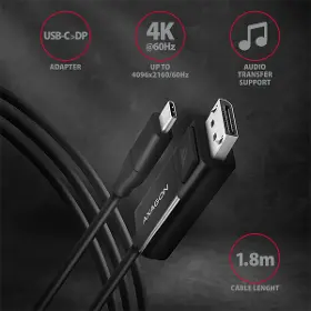 Redukcia - Axagon RVC-DPC, redukcia / kábel USB-C -> DisplayPort 1.8 m, 4K/60 Hz - 2